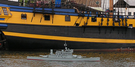 18th century frigate Grand Turk with 20th century battleship model