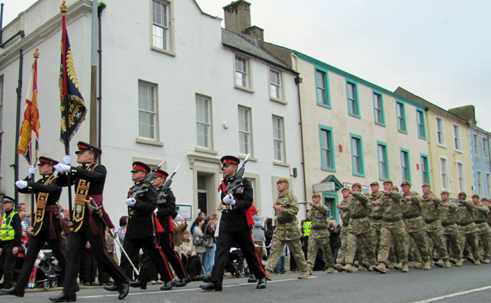 Colours of 
the 1st Battalion Duke of Lancaster's outside the old Methodist church on Lowther Street
