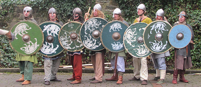 Shield line of Viking warriors